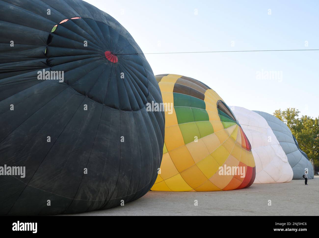 Several hot air balloons are waiting to take off during the Balloon