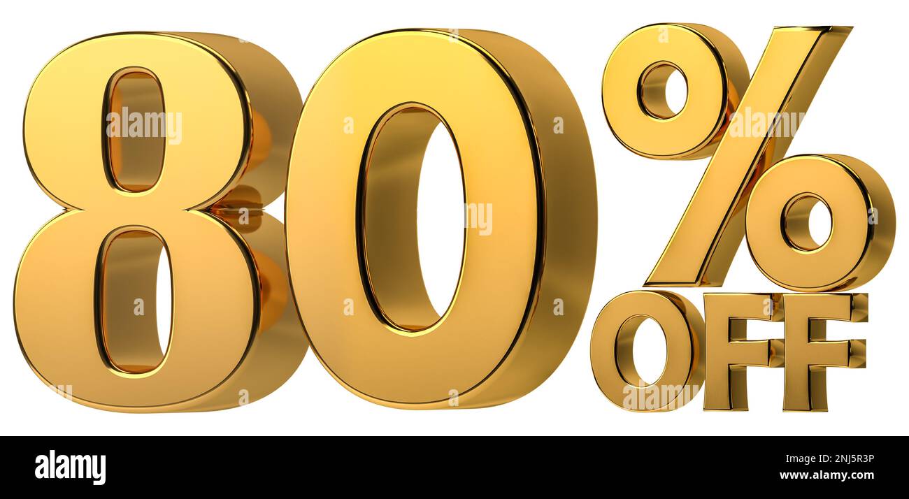 3d golden 80 % off discount isolated on transparent background for sale promotion. Number with percent sign. Stock Photo