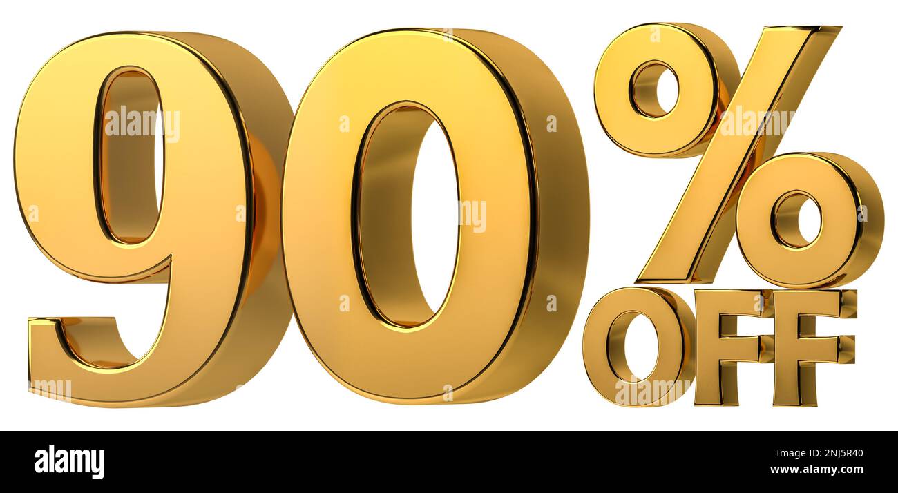 3d golden 90 % off discount isolated on transparent background for sale promotion. Number with percent sign. Stock Photo