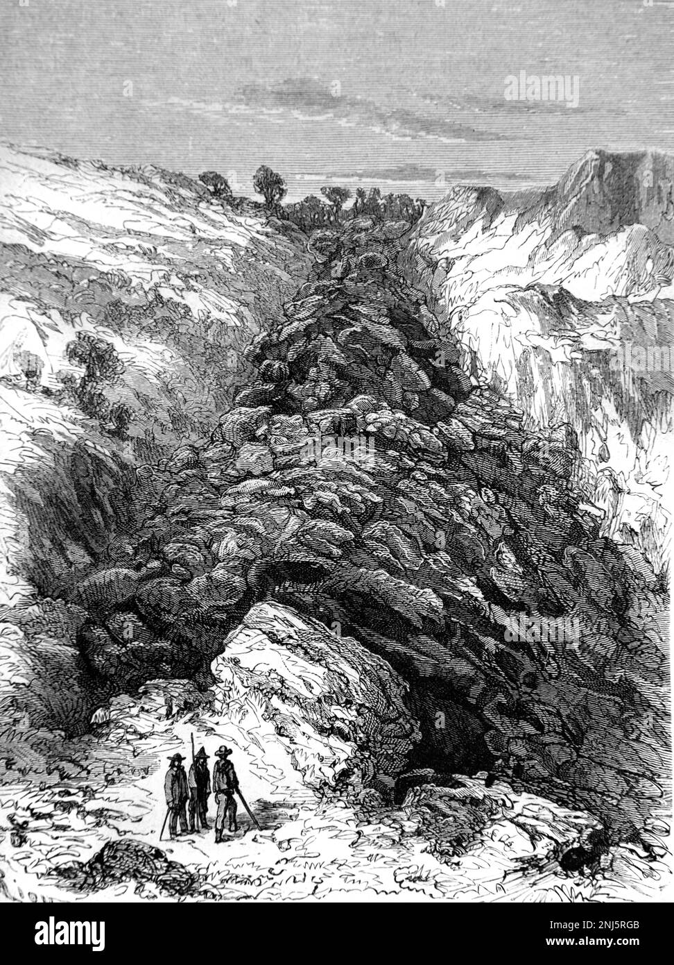 Lava Flows in Pharaoh's Pit or Channel, aka Fosse Pharaon, Following Eruption of Mount Vesuvius Volcano in 1858 Naples Italy. Vintage Engraving or Illustration 1862 Stock Photo
