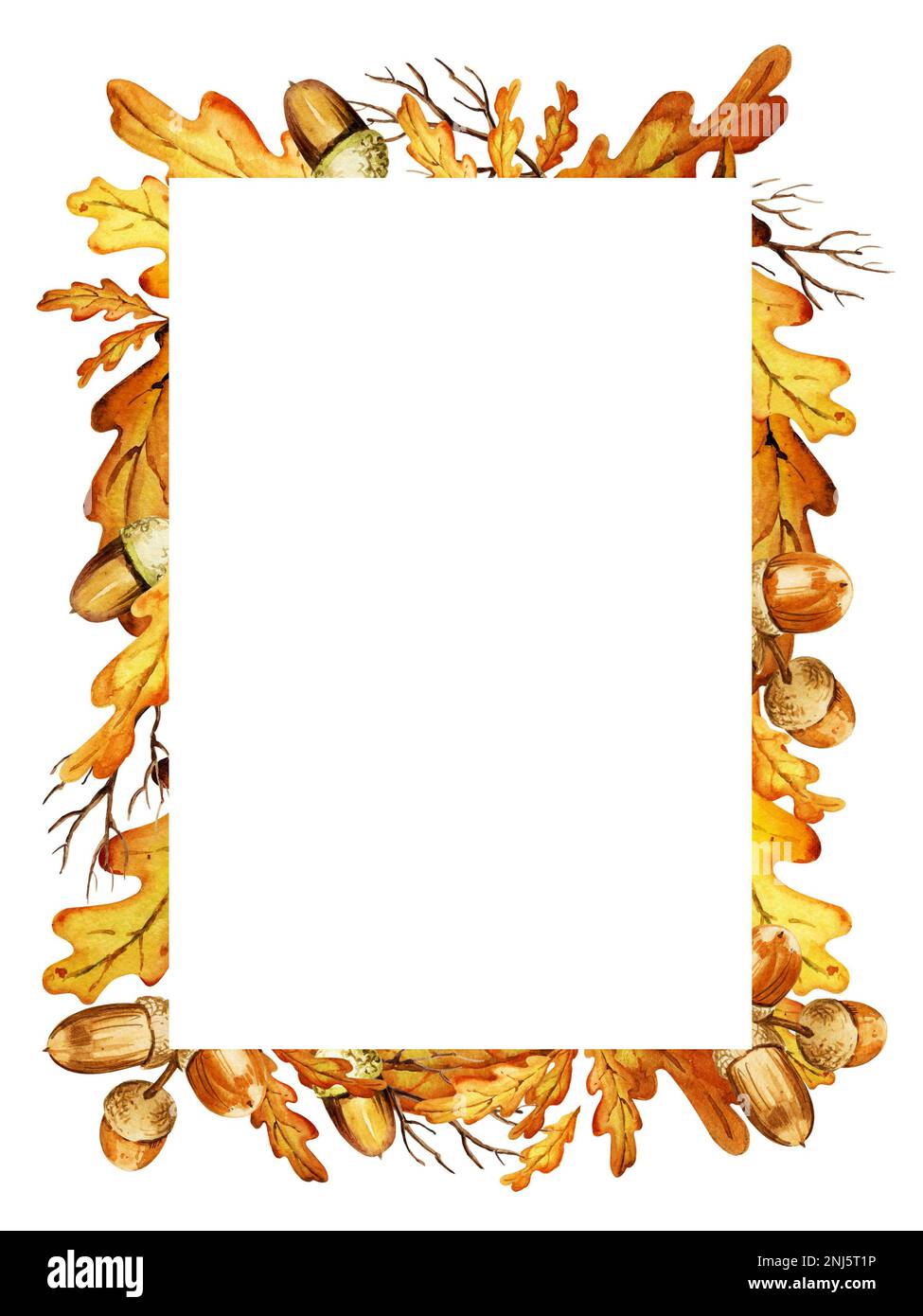 hand draw watercolor border with oak leaves and acorns, yellow and ...