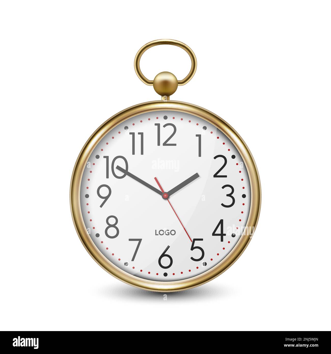 Vector 3d Realistic Simple Round Metal Yellow Golden Wall Office Clock with White Dial Icon Closeup Isolated on White Background. Design Template Stock Vector