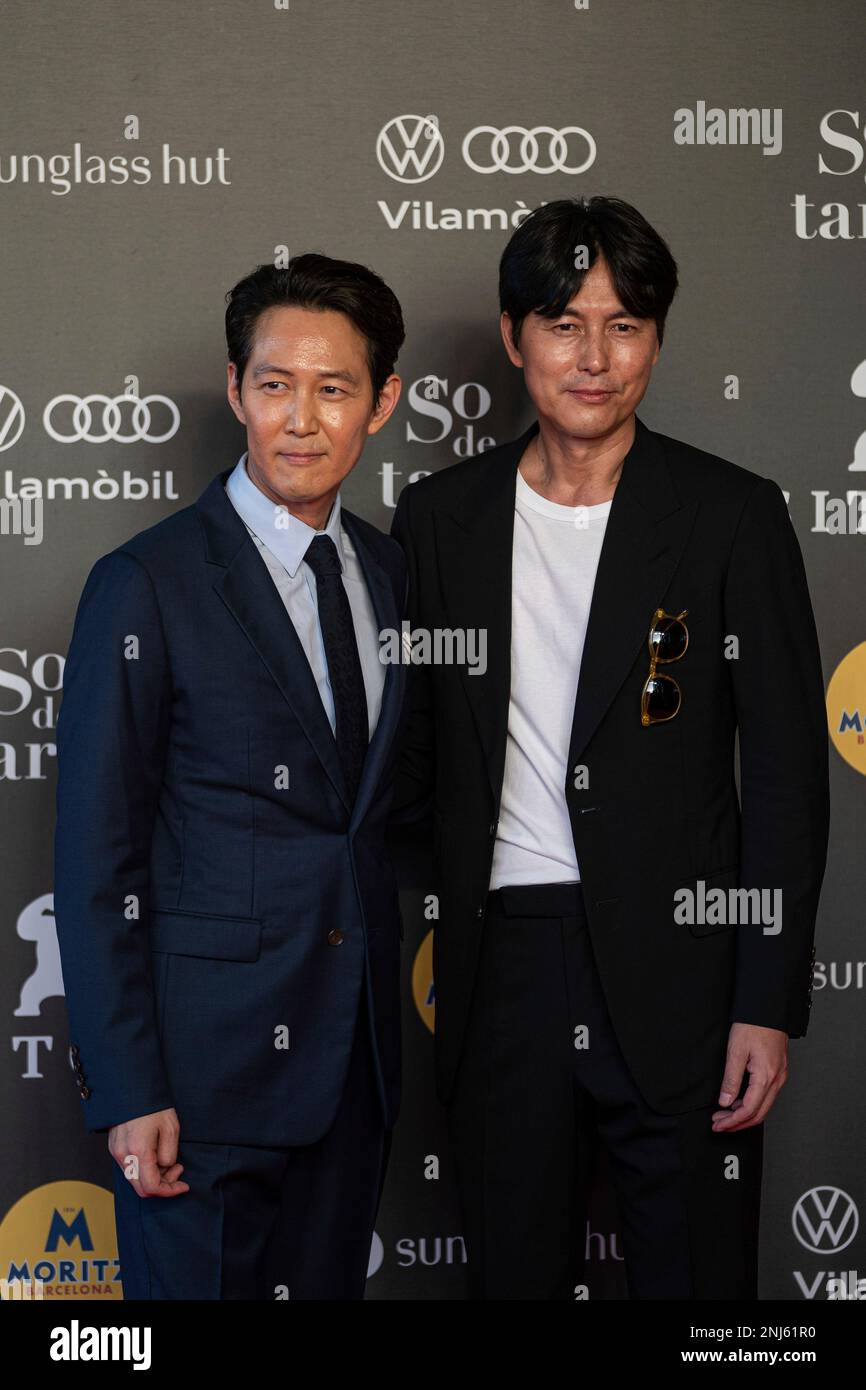 Actors Lee Jungjae (l) and Jung Woosung pose at the 55th Sitges