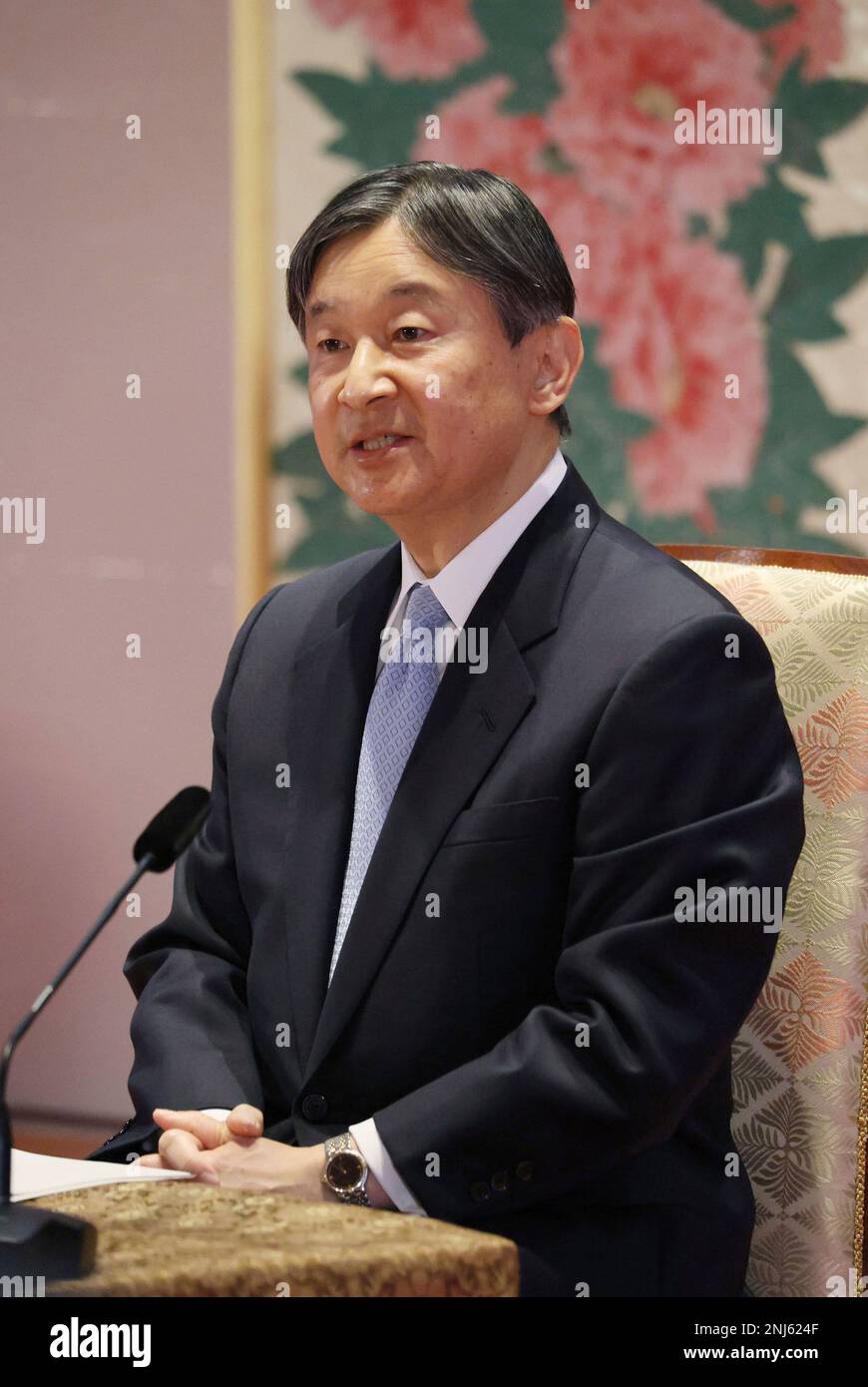 Japanese Emperor Naruhito speaks during a news conference at the