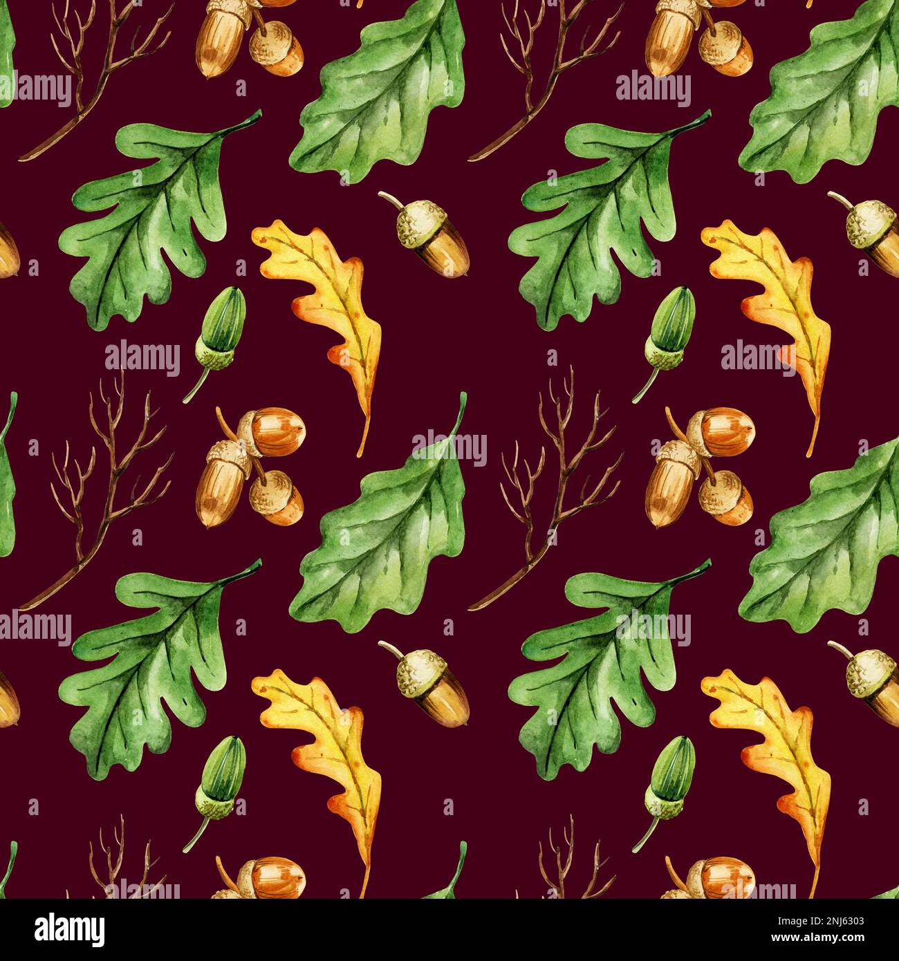 seamless hand draw watercolor pattern with oak leaves and acorns on ...