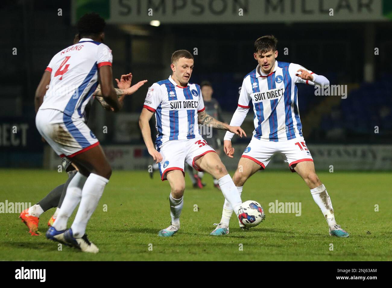 Hartlepool United's Mouhamed Niang (L), Oliver Finney (C) and Edon Pruti (R) in action during the Sky Bet League 2 match between Hartlepool United and Newport County at Victoria Park, Hartlepool on Tuesday 21st February 2023. (Photo: Mark Fletcher | MI News) Credit: MI News & Sport /Alamy Live News Stock Photo