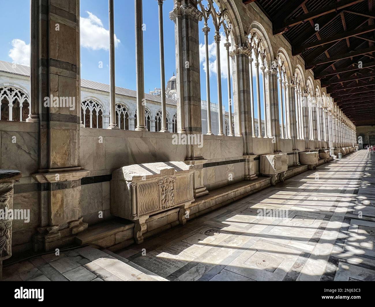 A view from inside the Campo Santo in the Piazza del Duomo, Pisa Italy Stock Photo