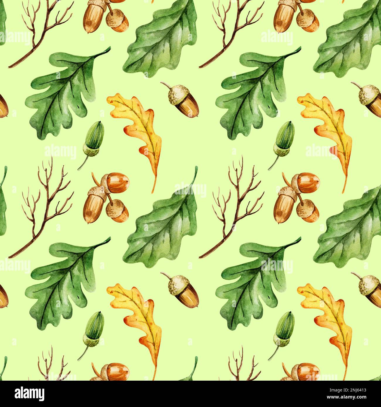 seamless hand draw watercolor pattern with oak leaves and acorns on ...