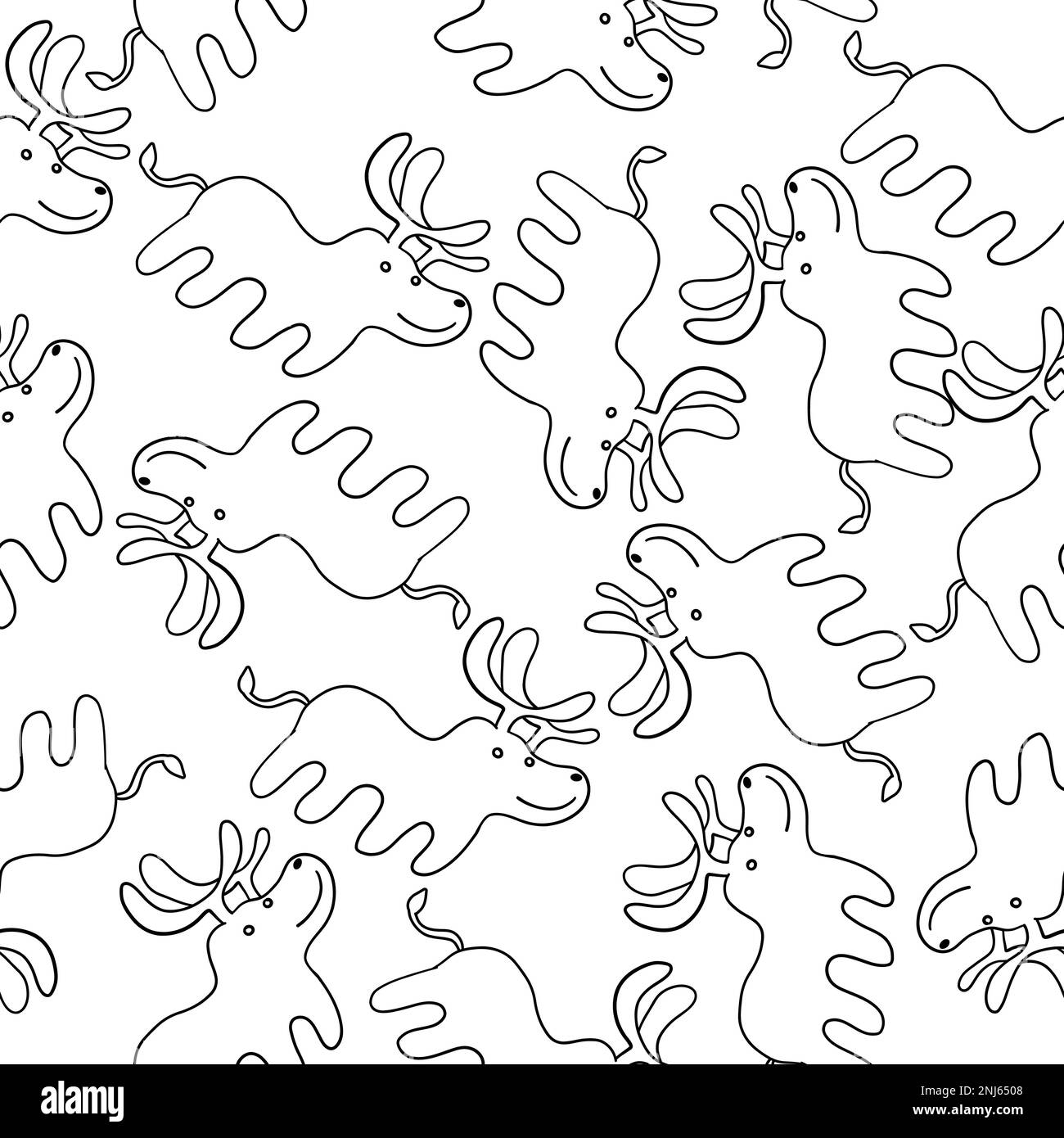 Cute Christmas Deers seamless pattern in outline doodle style. Vector ...