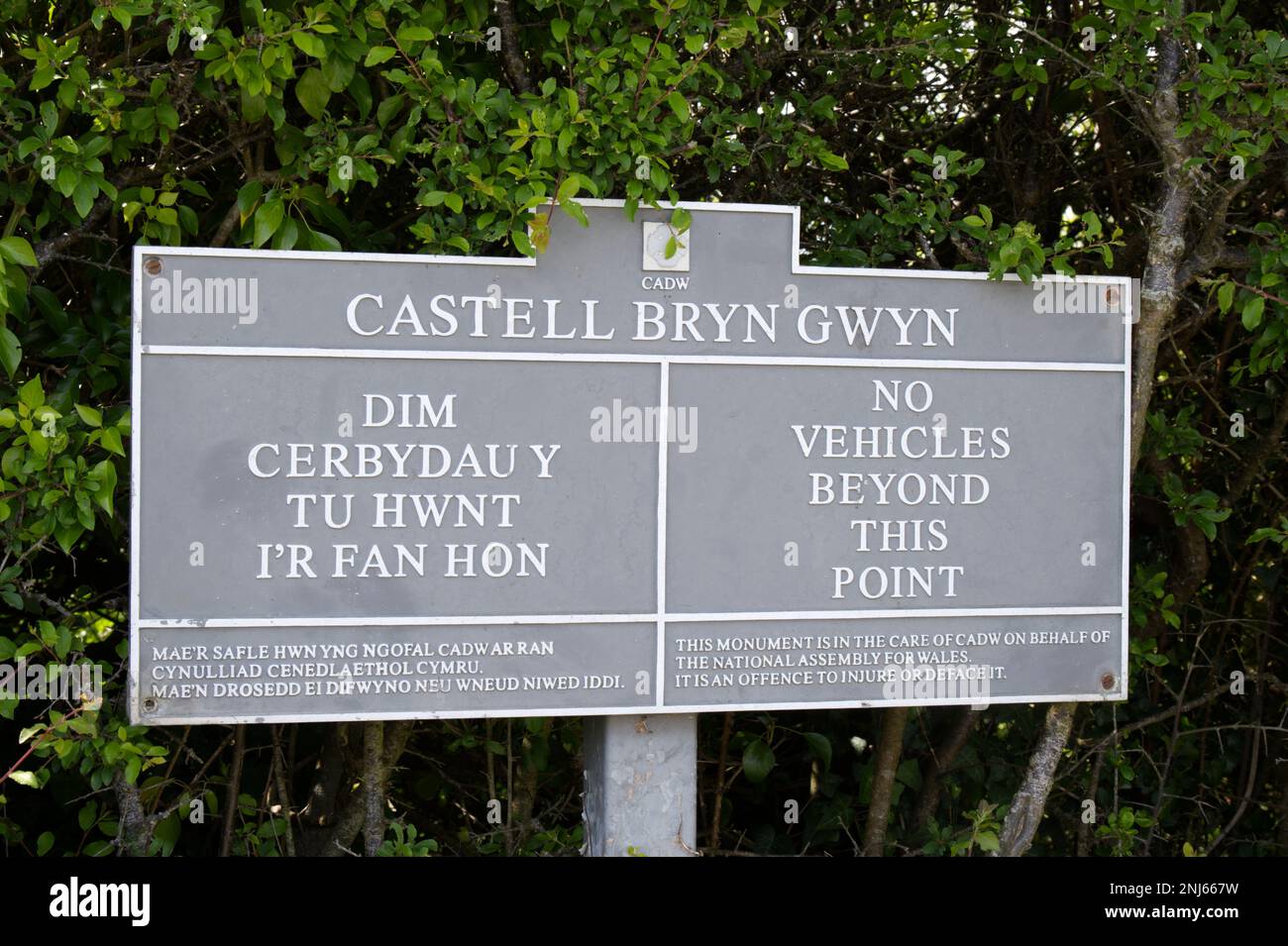 CADW sign for bryn gwyn castle prehistoric site on Anglesey Wales UK in May Stock Photo