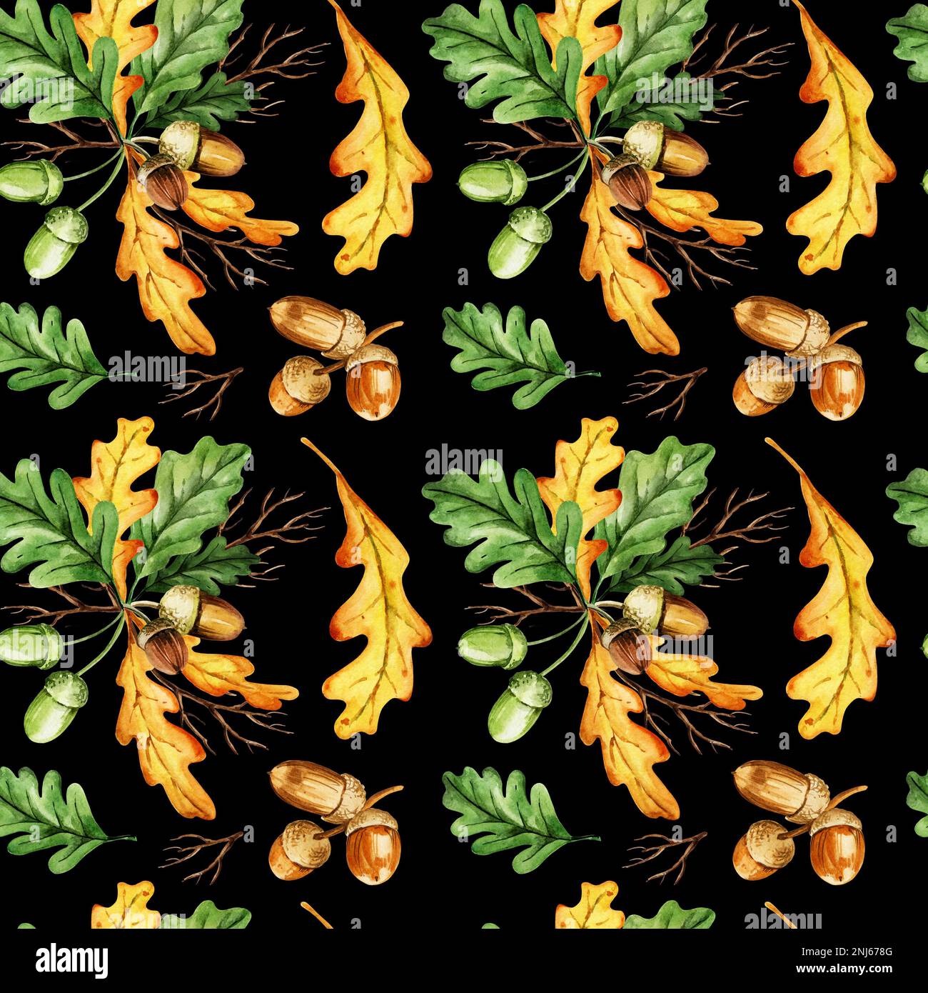 seamless hand draw watercolor pattern with oak leaves and acorns on ...