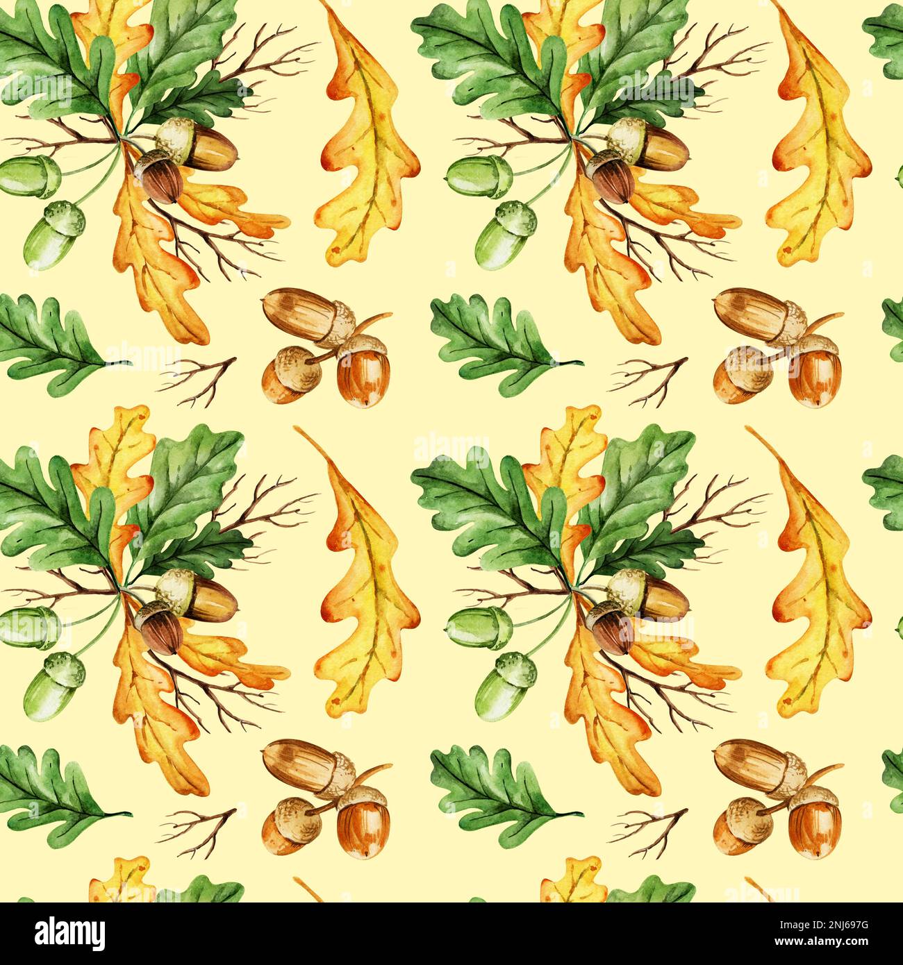 seamless hand draw watercolor pattern with oak leaves and acorns on ...