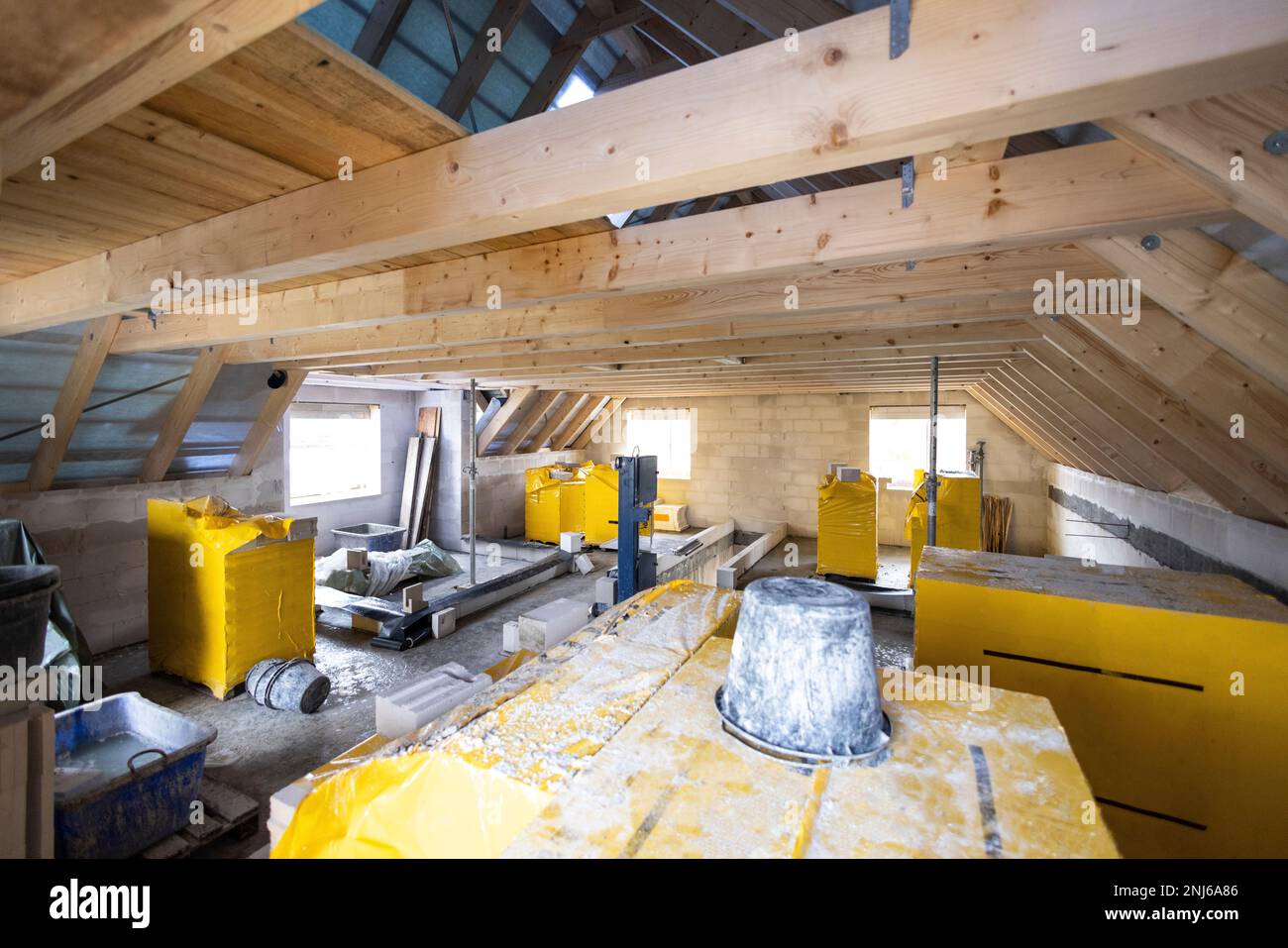 Upper floor construction site of a single family house Stock Photo