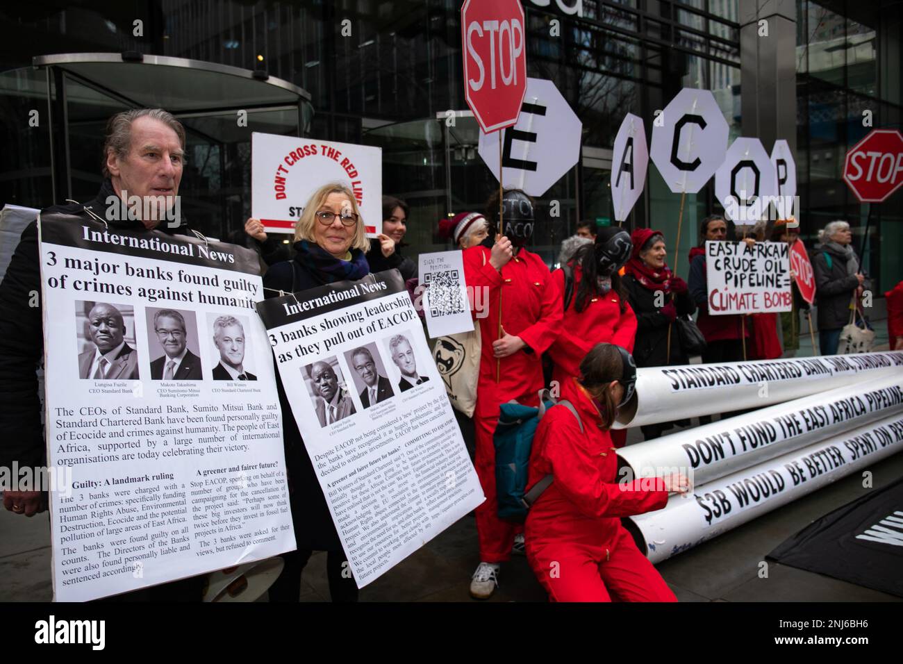 London, England, UK, 22 February 2023 Members of dozens of collectives worldwide were joined by London protesters from  Extinction Rebellion, Money Rebellion and Mothers Rise Up to stand in a solidarity action against multinational banks funding the East African Crude Oil Pipeline (EACOP). Stock Photo