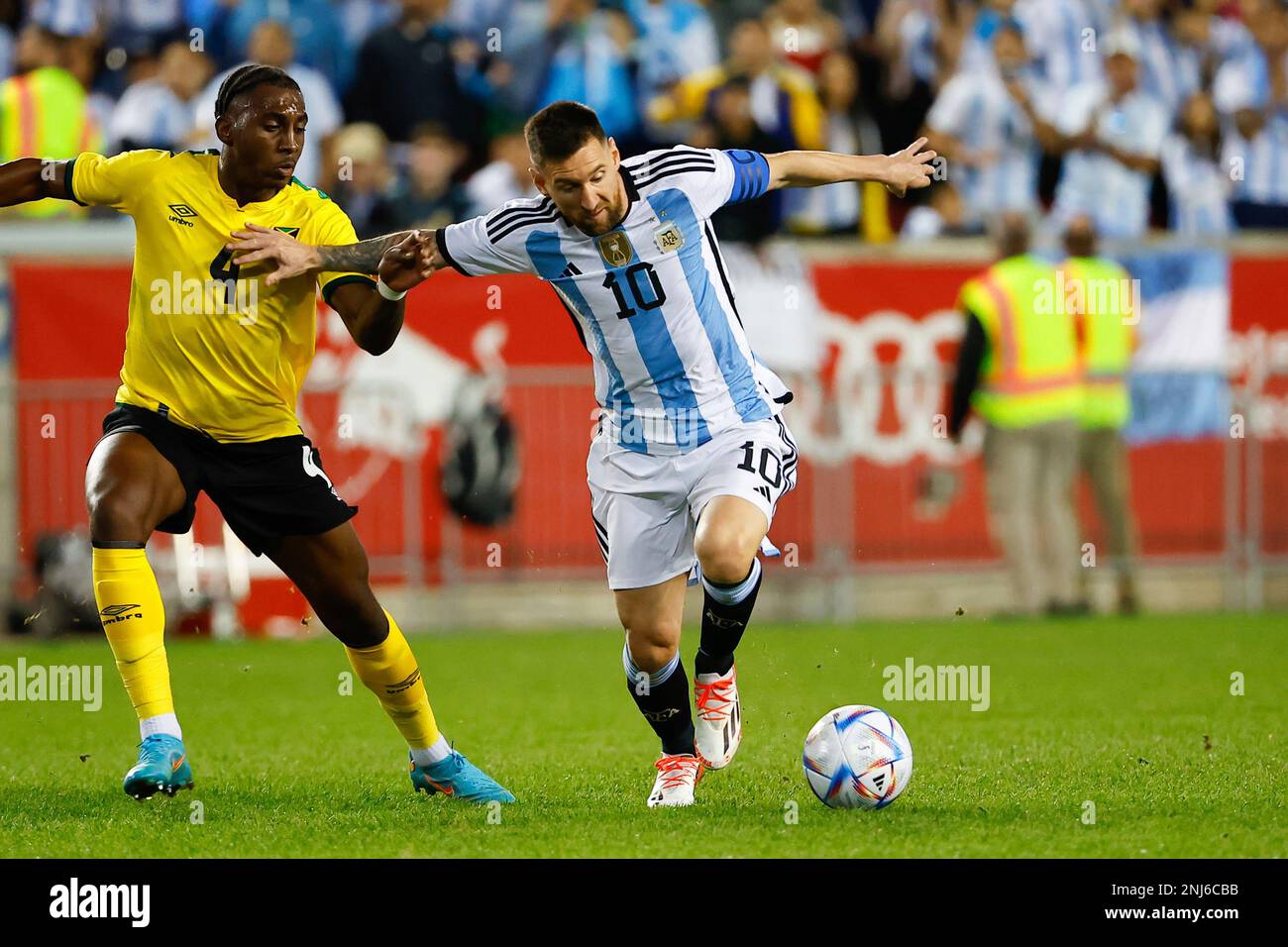 HARRISON, NJ - SEPTEMBER 27: Argentina forward Lionel Messi (10) controls  the ball during the international friendly soccer game between Argentina  and Jamaica on September 27, 2022 at Red Bull Arena in