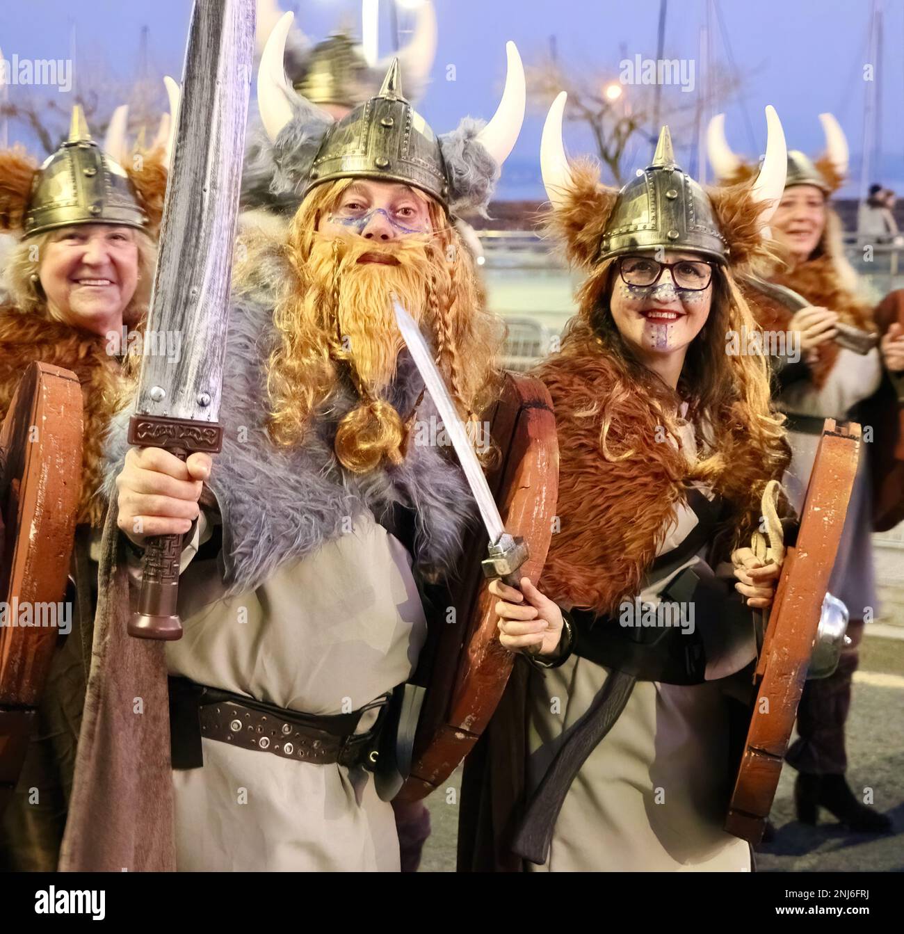 Evening carnival parade with viking theme in the Spanish north coast