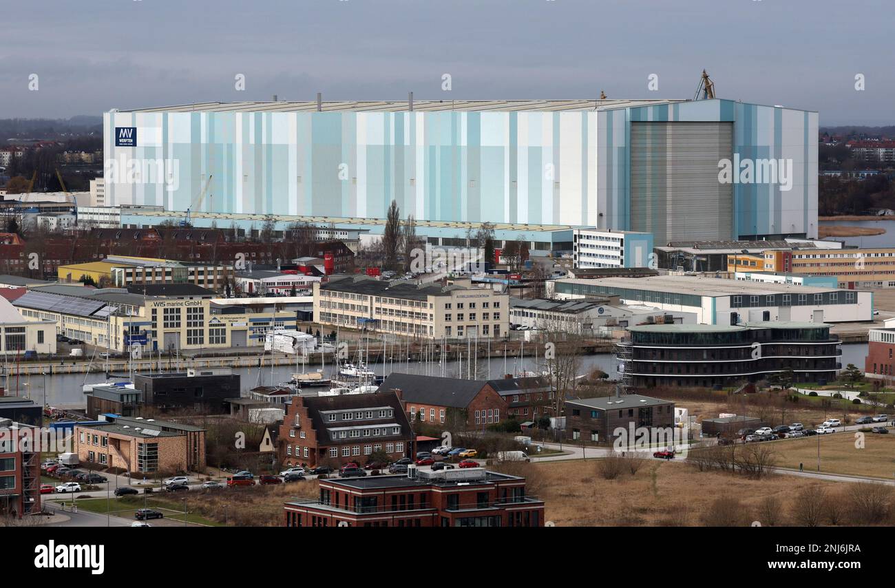 Wismar, Germany. 22nd Feb, 2023. The huge shipbuilding hall of the