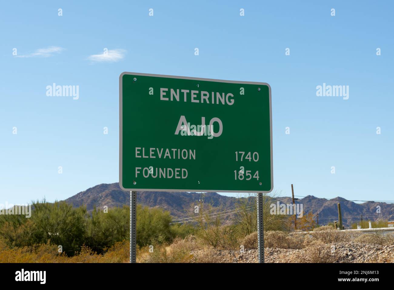 Entering Ajo Elevation 1740 Founded 1854 roadside sign in Ajo, Arizona