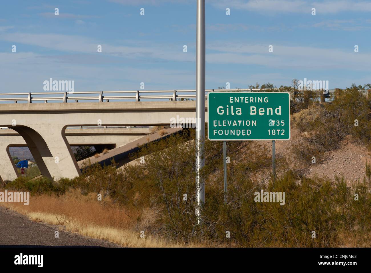 road sign Entering Gila Bend in Arizona with Elevation 735 and Founded