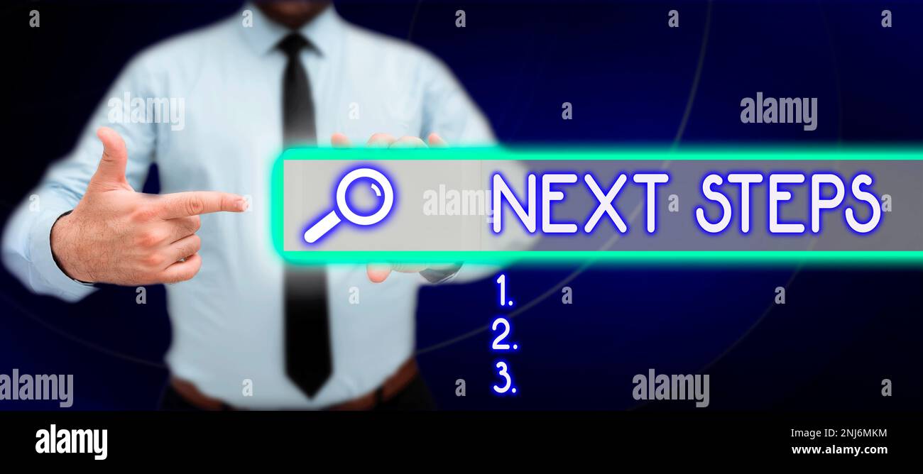 Sign displaying Next Steps 1,2,3. Word for something you do or plan ...