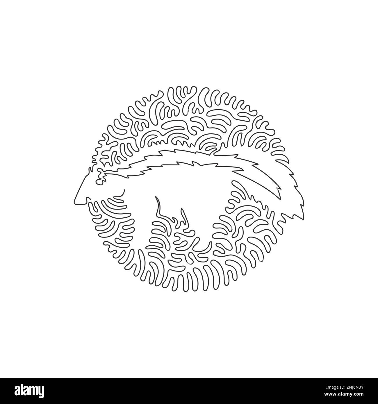 Continuous one curve line drawing of funny skunk abstract art in circle. Single line editable vector illustration of typically docile animals Stock Vector