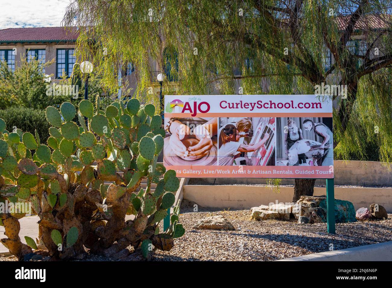 Ajo, AZ - Nov. 28, 2022: The Curley School, an historic public school building, now provides living and working space for artists and artisans. Stock Photo
