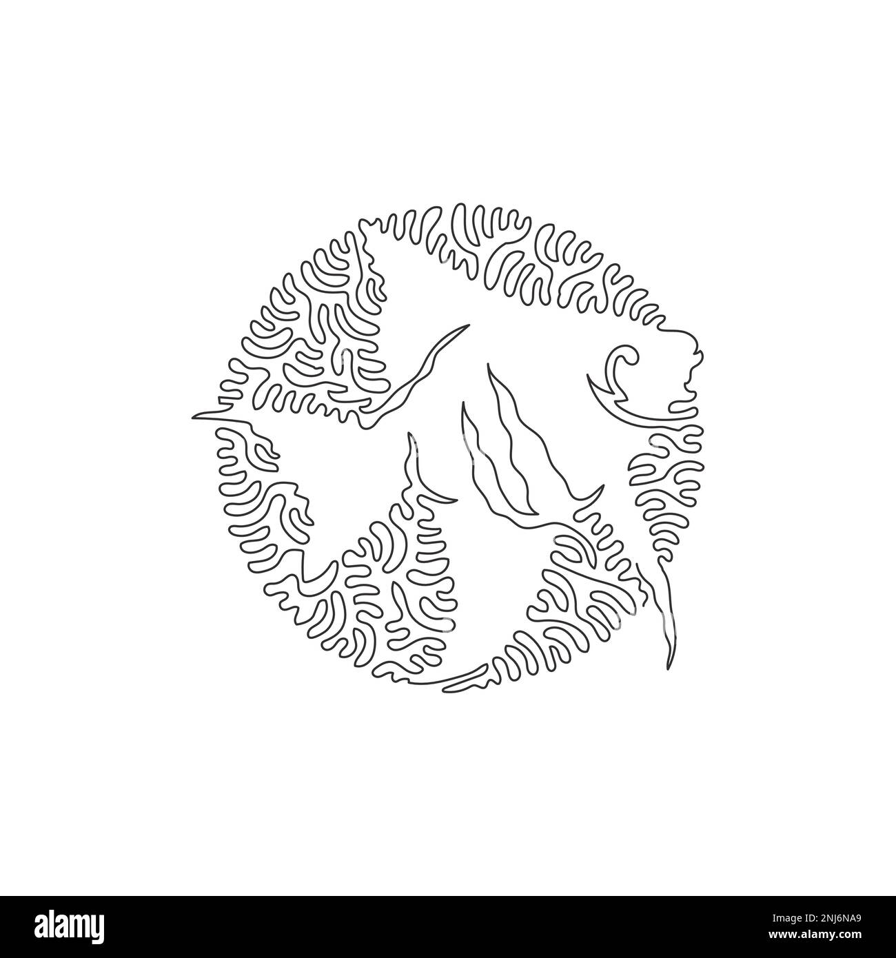 Single one curly line drawing of beautiful fish abstract art. Continuous line drawing design vector illustration of angelfish fins like wings Stock Vector