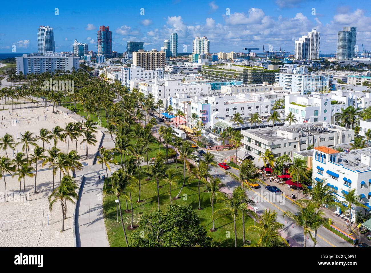 Aerial View of South Beach,Early Morning Ocean Drive,Miami Beach,Miami,Florida United States,USA Stock Photo
