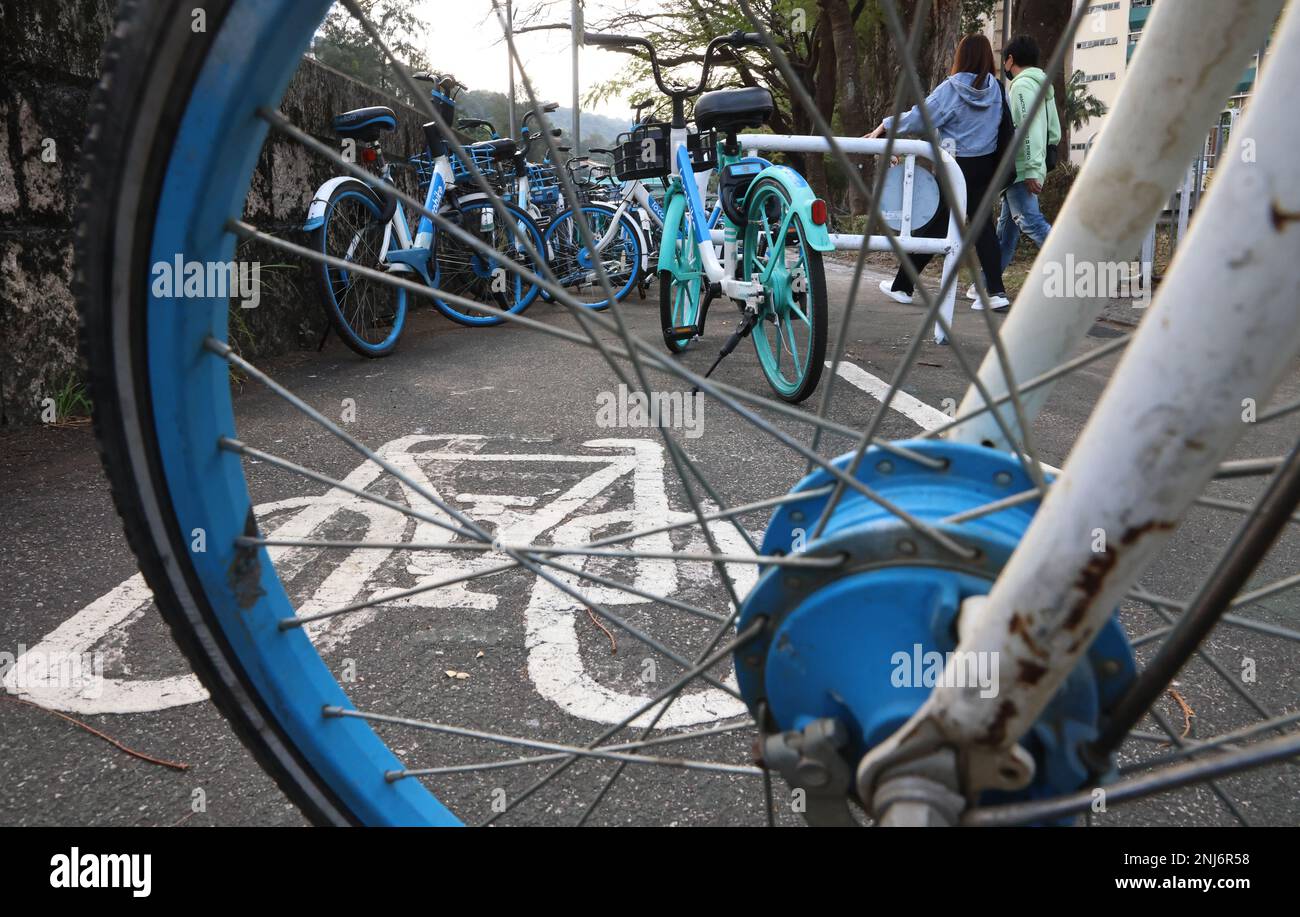 Bicycles from bike sharing platform Locobike at Tai Po near MTR
