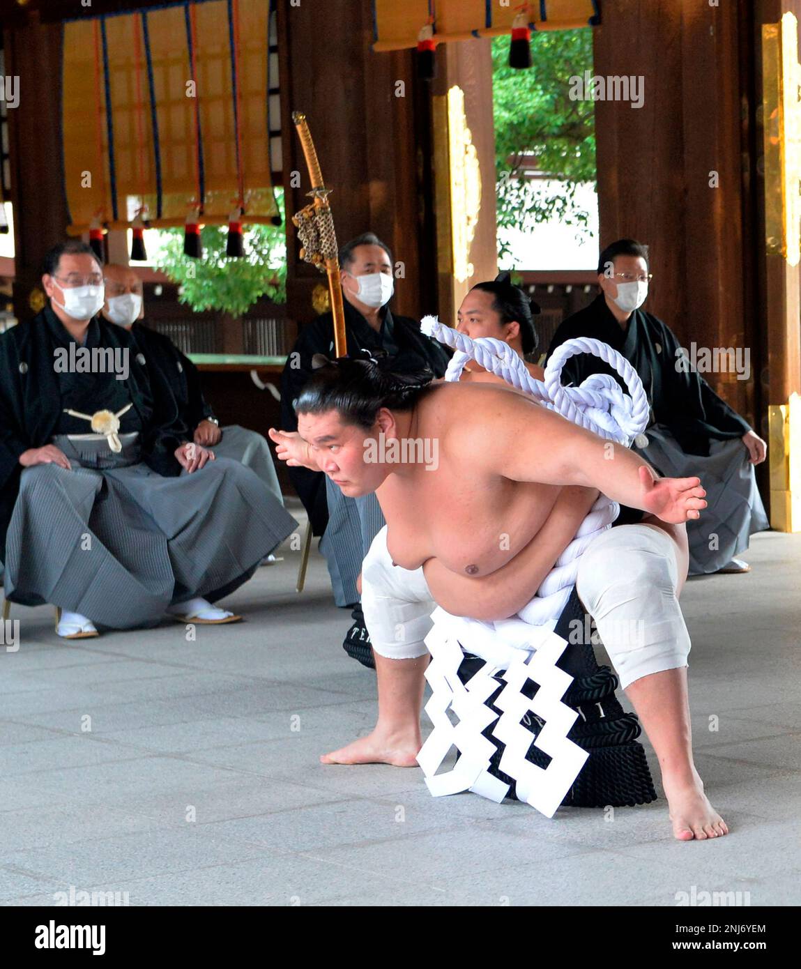 Yokozuna Terunofuji Haruo, Mongolian Sumo wrestler, performs ring 