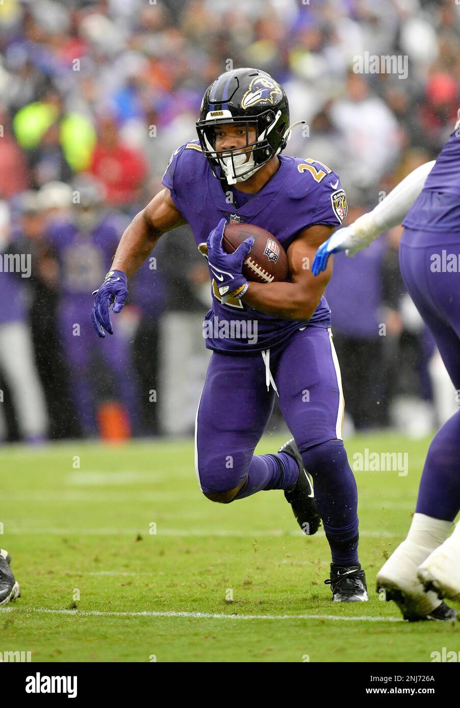 BALTIMORE, MD - OCTOBER 02: Baltimore Ravens running back J.K. Dobbins (27)  runs the ball for a touchdown during the Buffalo Bills versus Baltimore Ravens  NFL game at M&T Bank Stadium on