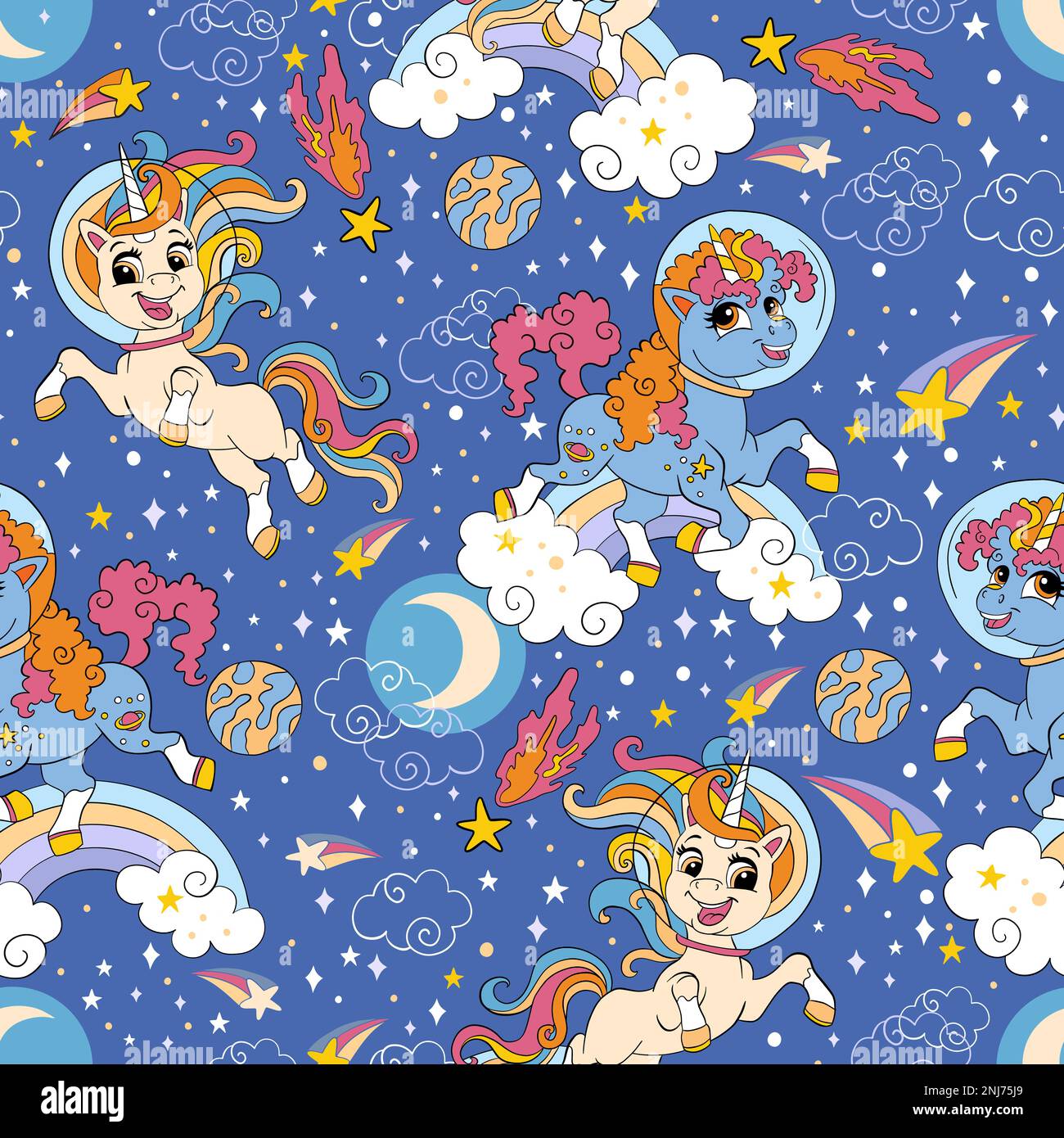 Seamless pattern with cute space unicorns, stars, planets and comets. Unicorn background. Vector illustration for party, print, baby shower, wallpaper Stock Vector