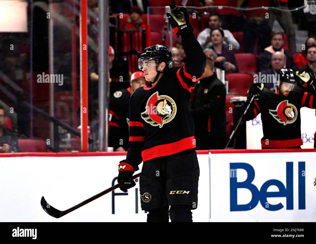 Ottawa Senators center Shane Pinto (57) celebrates his goal against the