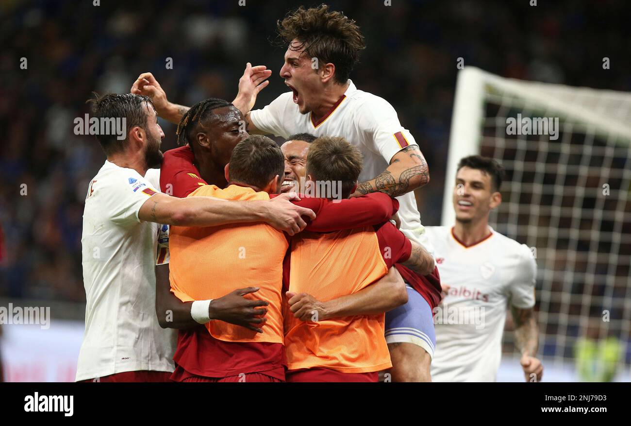Roma's Chris Smalling celebrates after scoring his side's 2nd goal during a  Serie A soccer match between Inter Milan and Roma at the San Siro stadium  in Milan, Italy, Saturday, Oct.1, 2022. (