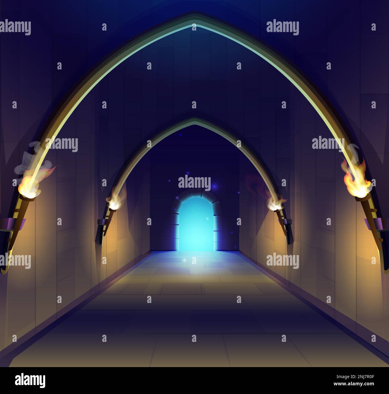 Vector cartoon style illustration. Old medieval castle dungeon hall ...