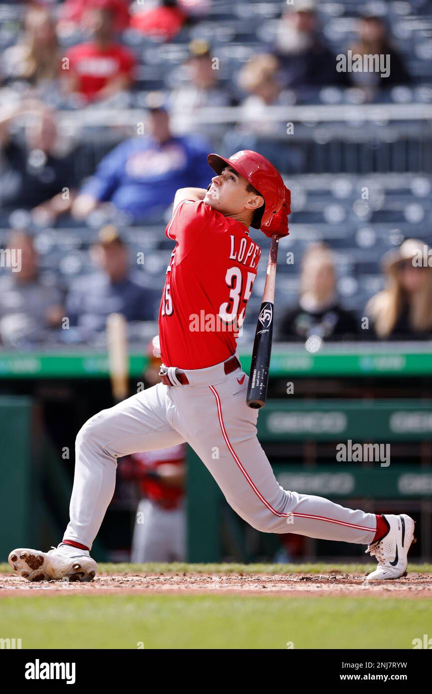 PITTSBURGH, PA - SEPTEMBER 28: Cincinnati Reds second baseman Alejo Lopez  (35) bats during an MLB game against the Pittsburgh Pirates on September  28, 2022 at PNC Park in Pittsburgh, Pennsylvania. (Photo