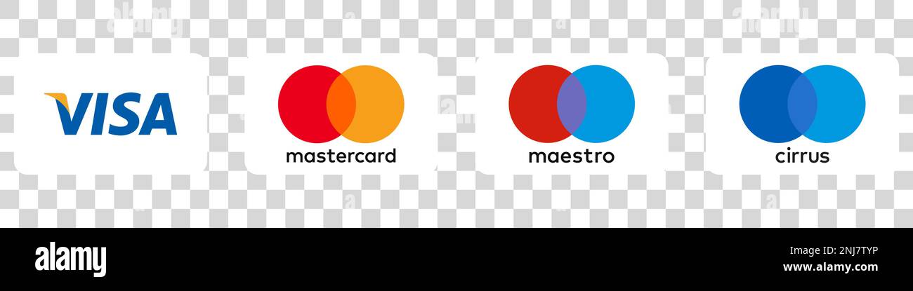 Online payment methods button set, brand logo :Visa, Mastercard Stock Vector