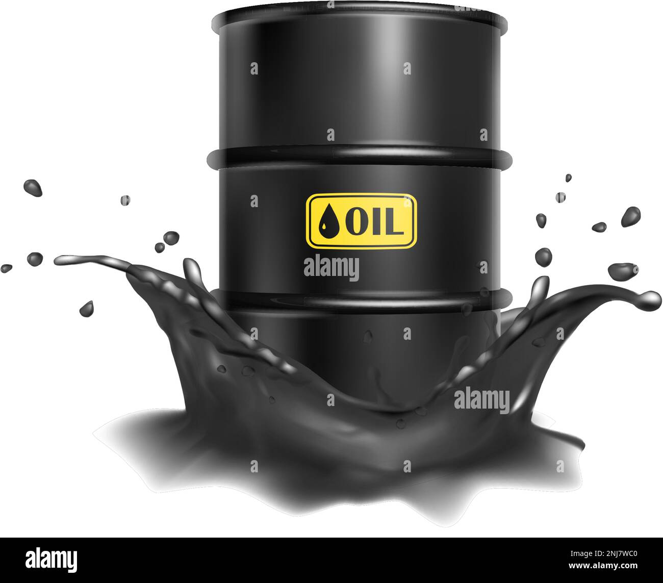 3d realistic vector icon illustartion. Hazard barrel in black oil splash. Isolated on white