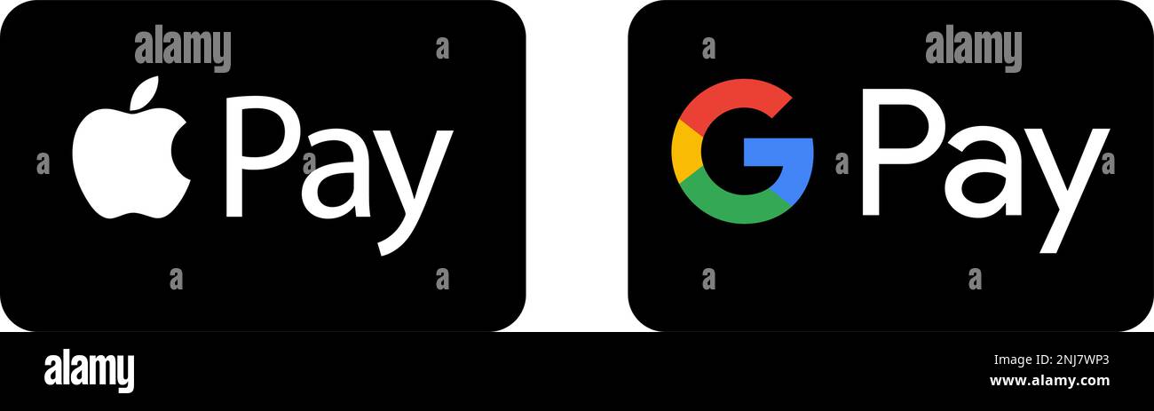 Google pay, Apple pay.G pay and Apple pay logo. Mastercard and visa icons. Stock Vector