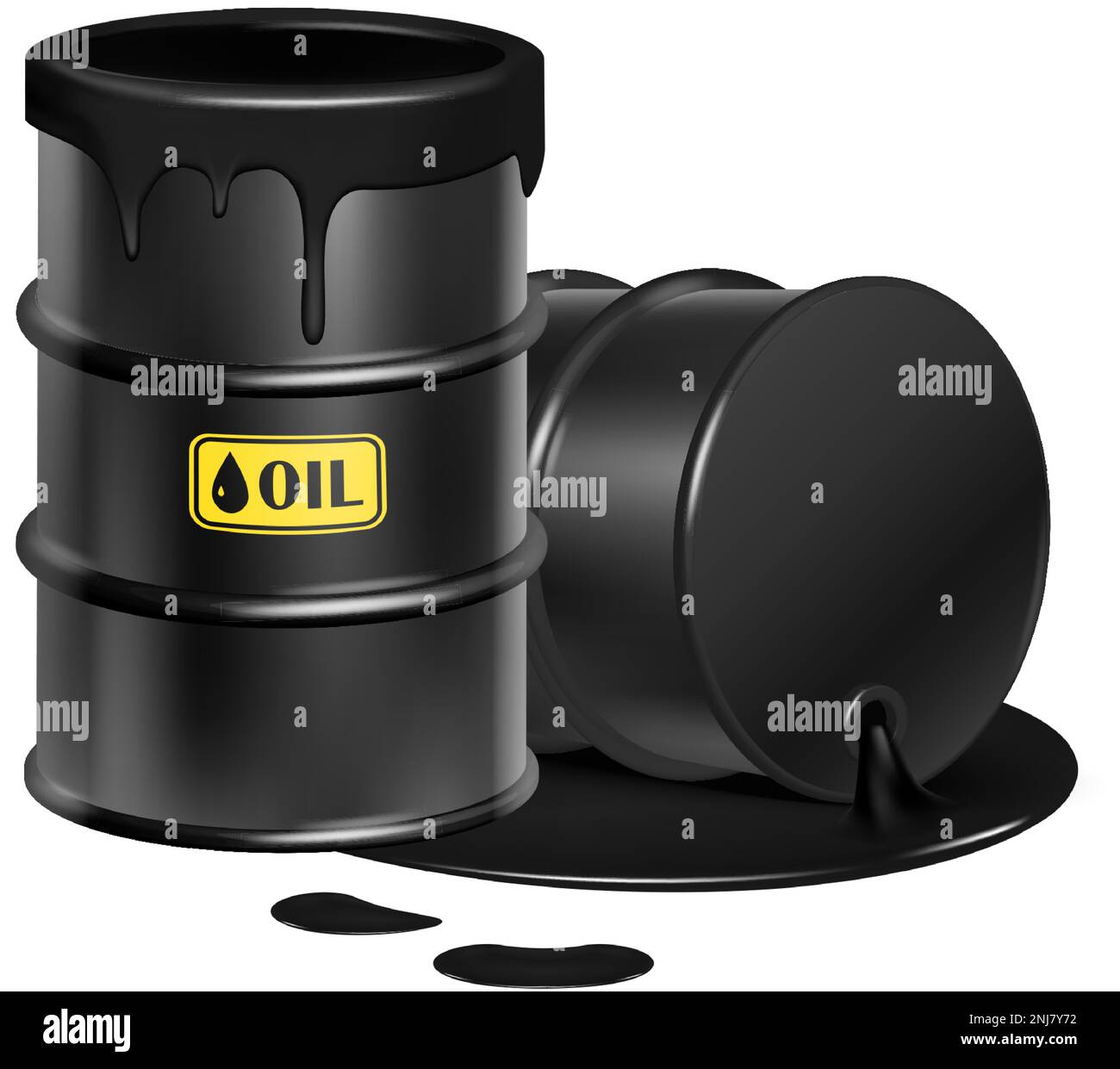 3d realistic vector illustration. Open black oil barrels with spilled