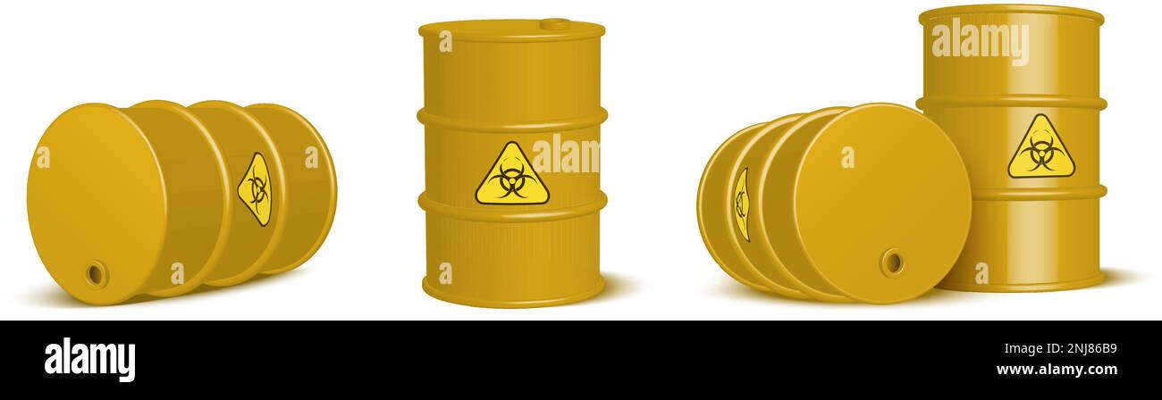 3d realistic vector icon illustration biohazard waste yellow barrels. Isolated on white background. Stock Vector