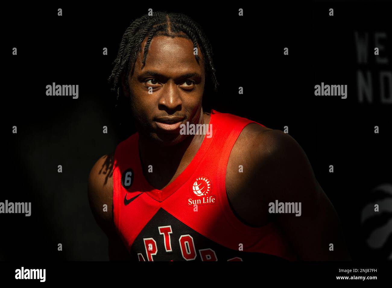 Toronto Raptors' OG Anunoby takes his leave after speaking to reporters at  the NBA basketball team's media day availability, in Toronto, Monday, Sept.  26, 2022. (Chris Young/The Canadian Press via AP Stock