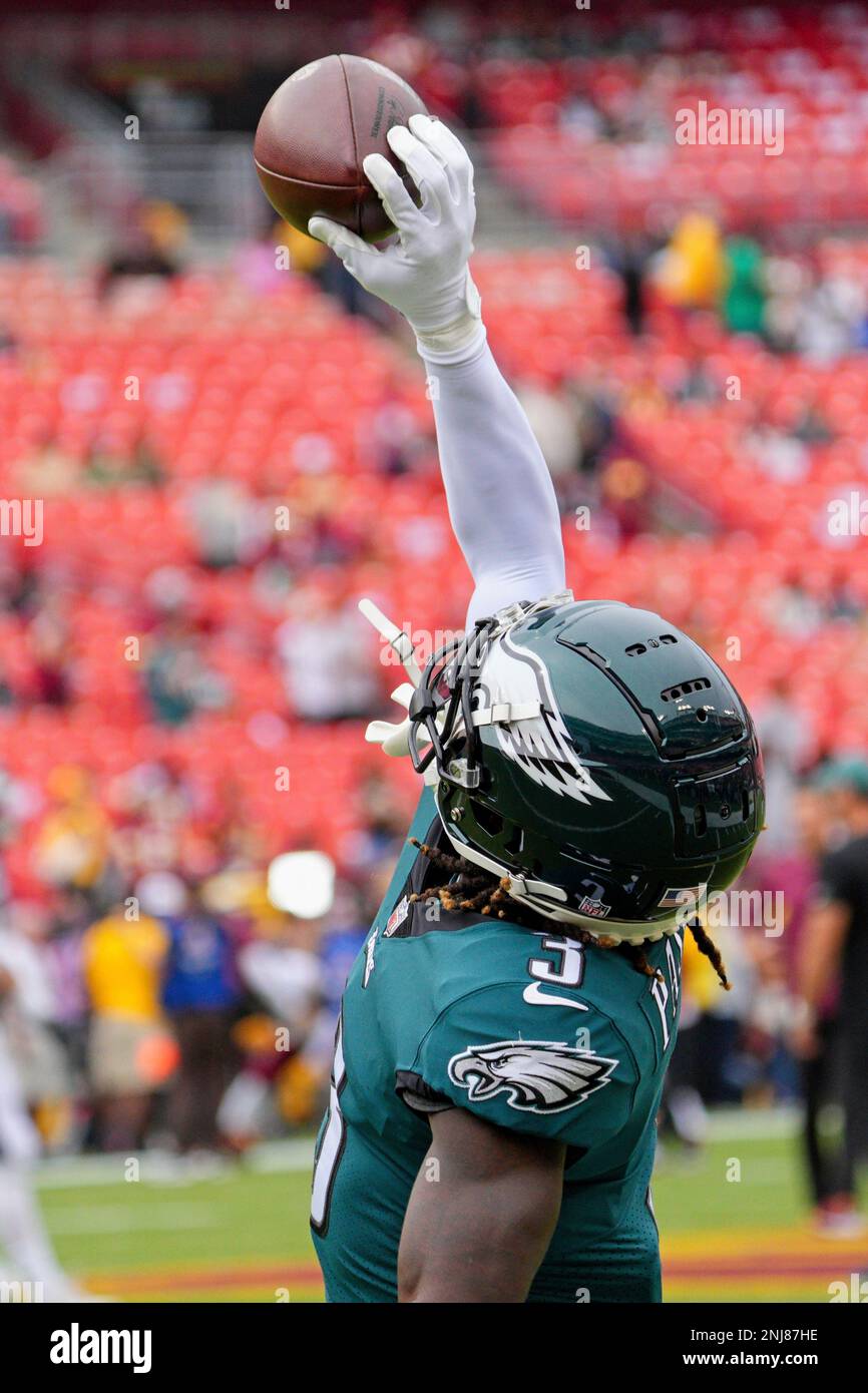 LANDOVER, MD - SEPTEMBER 25: Philadelphia Eagles wide receiver Zach Pascal  (3) warms up during the game between the Philadelphia Eagles and the  Washington Commanders on September 25, 2022 at Fedex Field