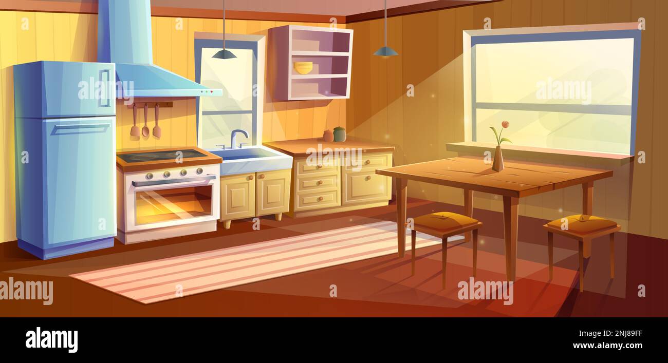 Vector cartoon style illustration of kitchen room. Dining room with dining wooden table. Fridge, oven with a stove and hob, sink, kabinets and Stock Vector