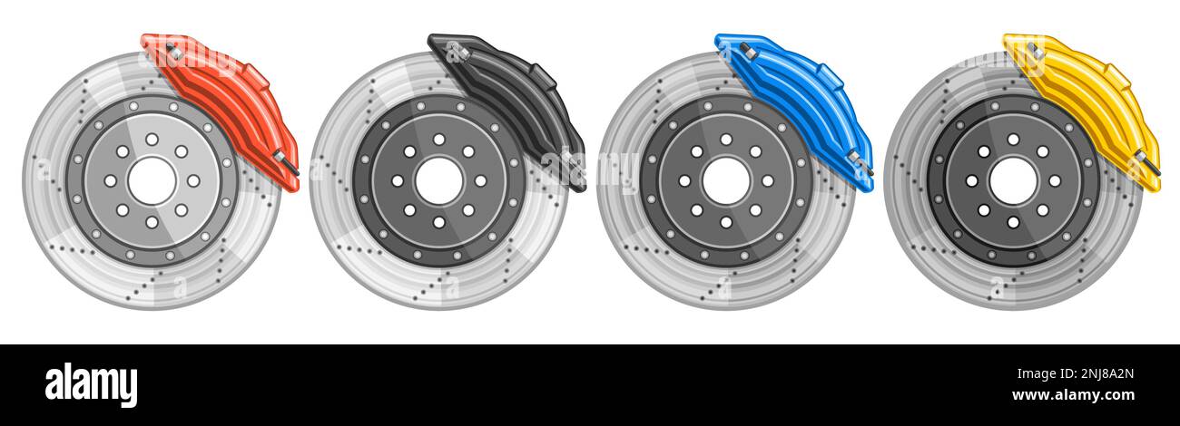 Vector Disc Brakes Set, horizontal decorative banner with collection of cut out illustrations four brake discs in a row, 4 brake system with colorful Stock Vector