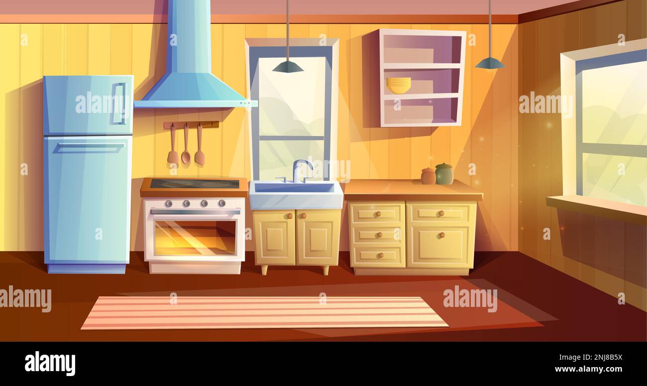 Vector cartoon style illustration of kitchen room. Fridge, oven with a stove and hob, sink, kabinets and extractor hood. Stock Vector