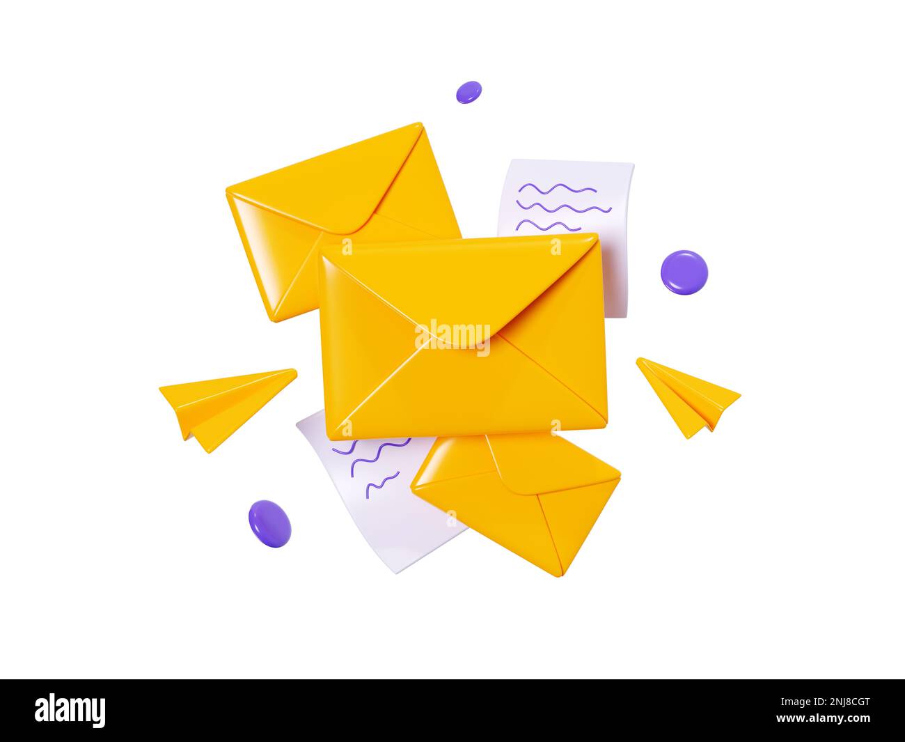 Mailing list with news 3d render closed and open yellow envelope with