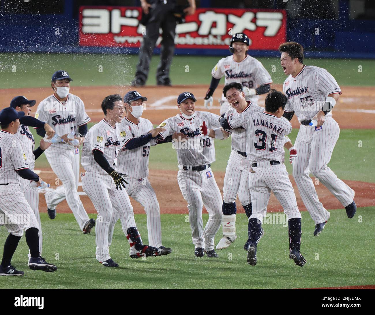 Members of Tokyo Yakult Swallows celebrate after winning the Nippon Professional Baseball (NPB) Central League at Meiji Jingu Stadium in Tokyo on September 25, 2022.( The Yomiuri Shimbun via AP Images Stock