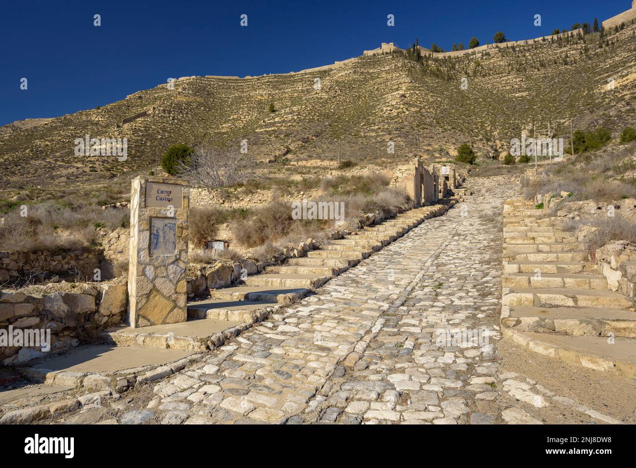 Remains of the old town of Mequinenza destroyed after the construction of the Ribarroja reservoir. In the background, the castle of Mequinenza, Aragon Stock Photo