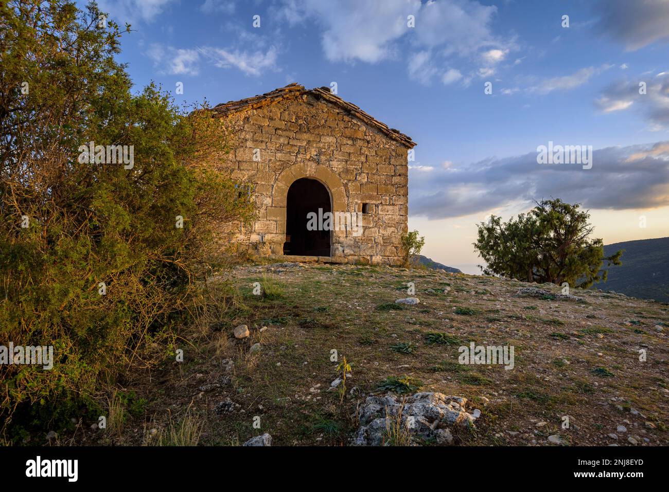 San Marcos hermitage, next to the abandoned village of Finestres (Ribagorza, Huesca, Aragon, Spain) ESP: Ermita de San Marcos, al lado de Finestres Stock Photo